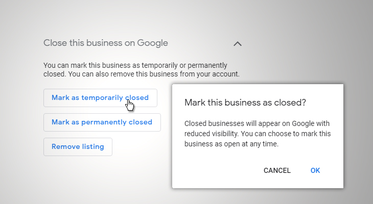 Mark as temporarily closed in Google My Business