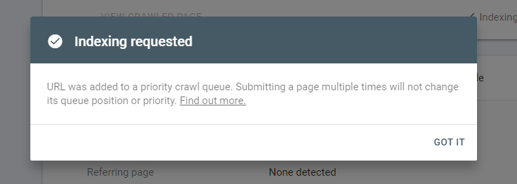 Screenshot of requested page indexing in Google Search Console