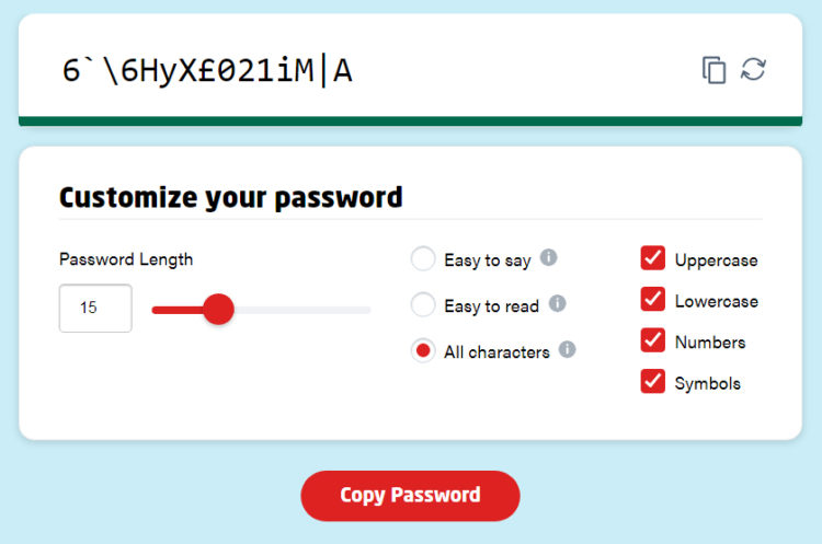 Screenshot of a password generator
