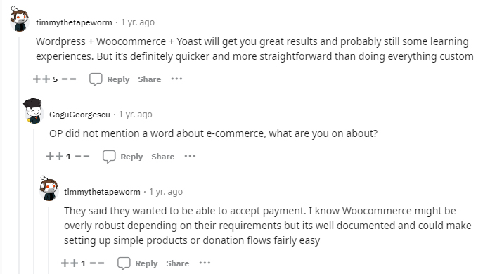 Screenshot of a Reddit forum discussion on WordPress versus custom websites