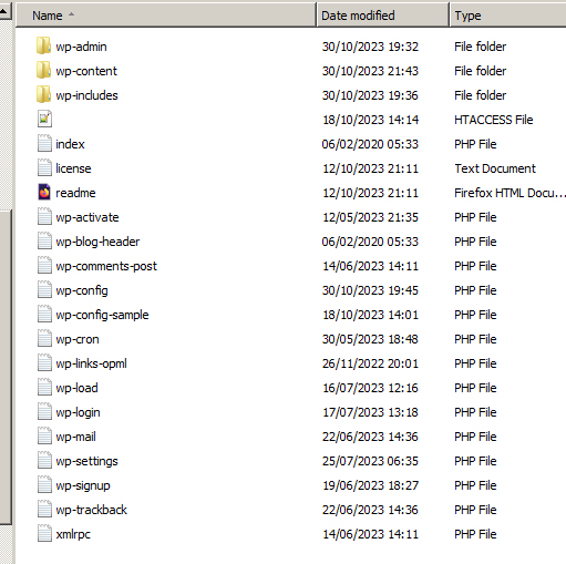 Screenshot of WordPress file directory