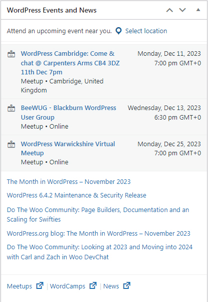 Screenshot of WordPress meetups