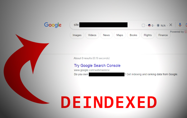 Screenshot of a website that has been deindexed from Google