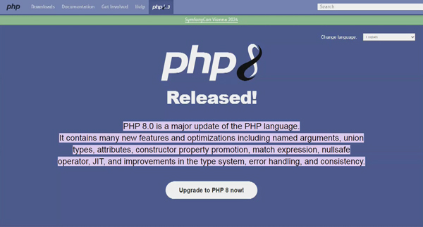 Screenshot of the PHP website homepage showing version 8.0 release