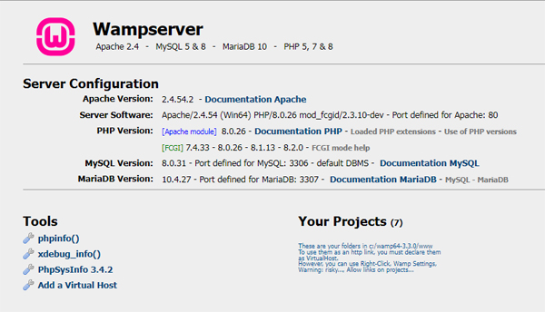 Screenshot of the WAMP server localhost