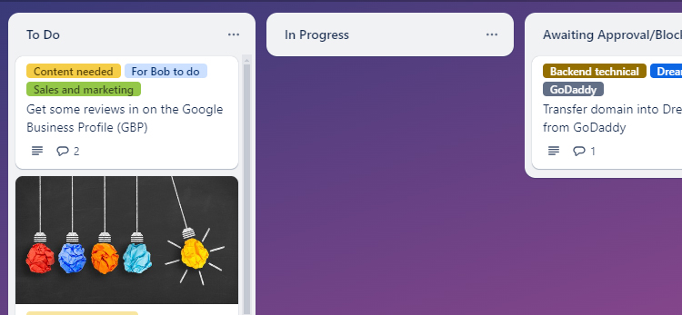 Screenshot of a free Trello project management board