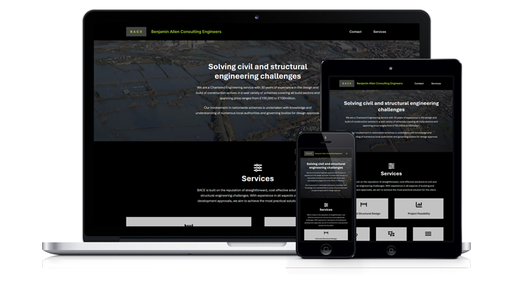 Example of a civil engineering consulting firm website on laptop, tablet and smartphone