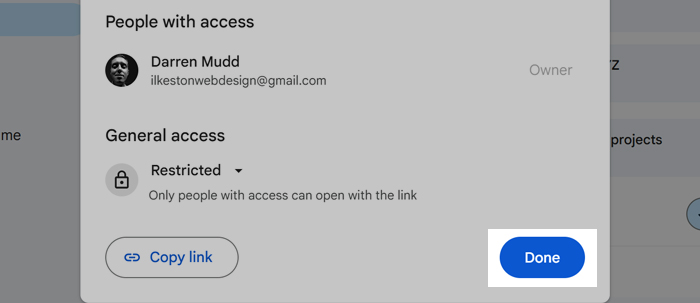 Screenshot of Google Drive folder being shared with Darren