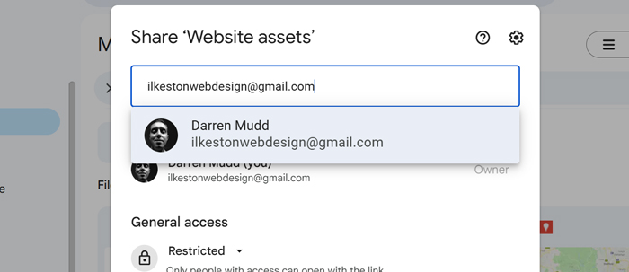 Screenshot of Google Drive folder being shared with Darren