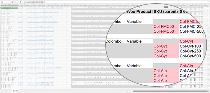 Screenshot of a product inventory spreadsheet in Microsoft Excel